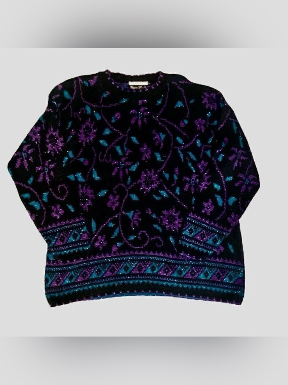 Dana Scott Vintage Black & Purple Sparkle Chunky Knit Sweater Size Medium